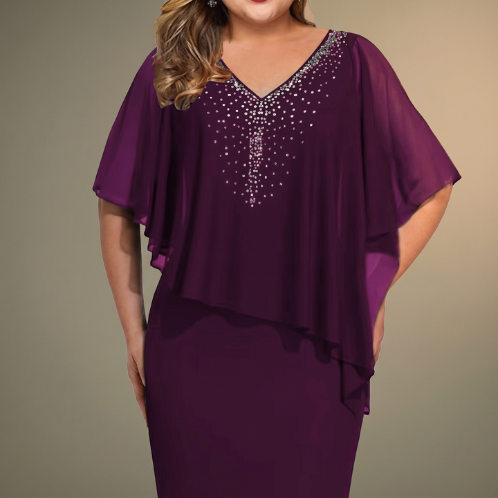 CLARAVINE RHINESTONE CAPE MIDI DRESS